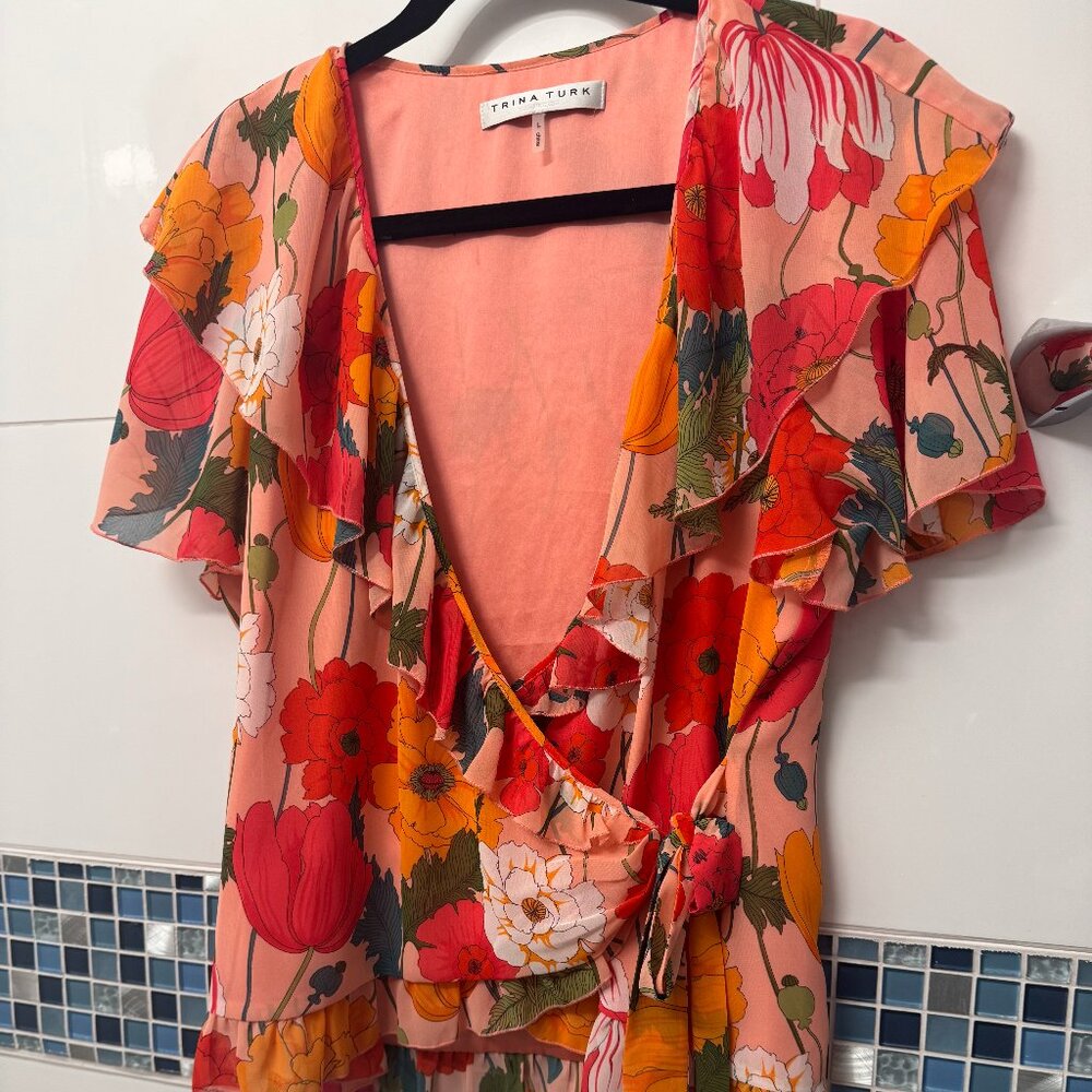 Trina Turk Floral Wrap Top with Ruffles | Size L | Statement Blouse